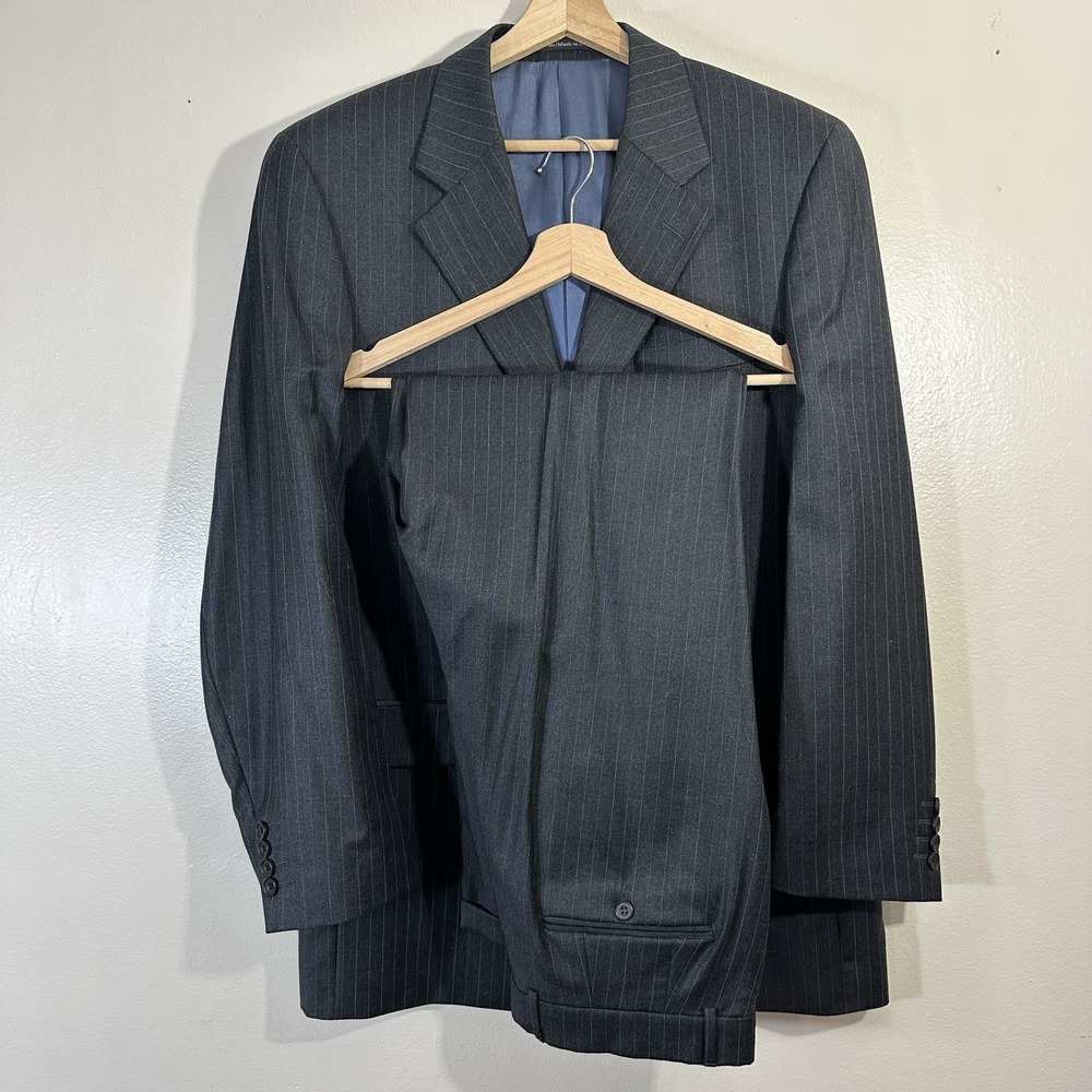 S COHEN Comfort Mens 42R‎ / 32"x29" Black Pinstripe Suit 100% Wool Vintage